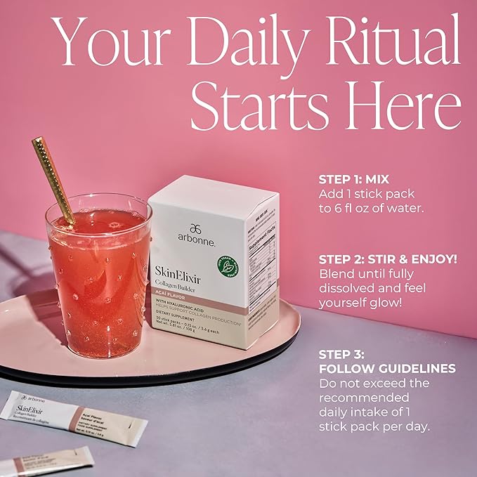Arbonne SkinElixir Collagen Powder Builder - Açaí-Flavored Vegan Supplement for Women with Hyaluronic Acid, Vitamin C, Biotin & Antioxidants - Supports Healthy Skin, Hair & Nails - 30 Stick Packs