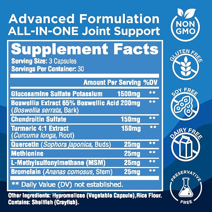 Glucosamine Chondroitin MSM with Turmeric 180 Capsules - Joint Supplements for Women & Men – with Boswellia, Quercetin – Clear Joint Support Supplement for Flexibility, Mobility, Cartilage Repair