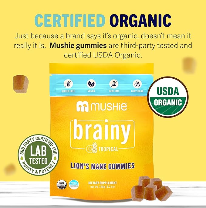 Mushie 100% Organic Lion’s Mane Mushroom Gummies - 2000mg (75mg A & B-Glucans) for Brain Health, Focus & Memory - 60 Organic Lions Mane Gummies for Adults & Kids
