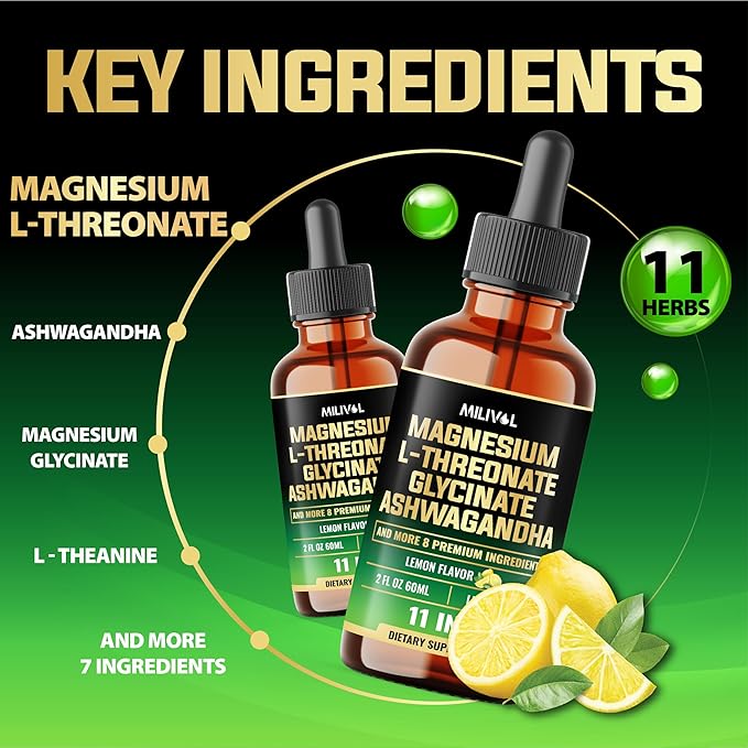 10in1 Magnesium L-Threonate Liquid Drops with Magnesium Glycinate, Ashwagandha, Vitamin D3, C, B6 & 4 Other Ingredients - 2 Fl Oz - Lemon Flavor