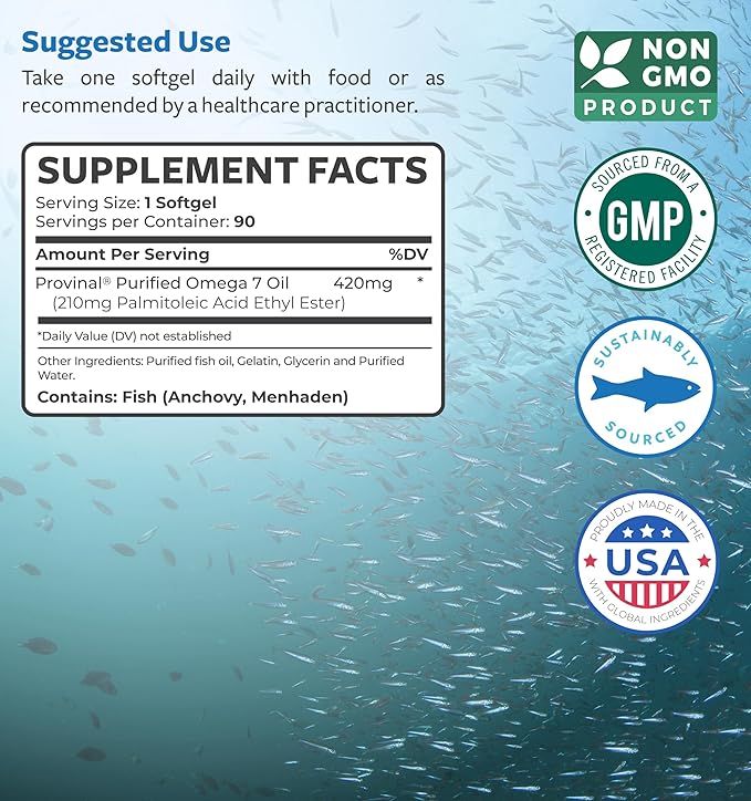 Omega 7 Supplement for Women and Men - High Potency & Purity Palmitoleic Acid Fatty Acid Fish Oil Supplement from Patented Provinal with Lowest Palmitic Acid - Sustainably Sourced (3 Month Supply)