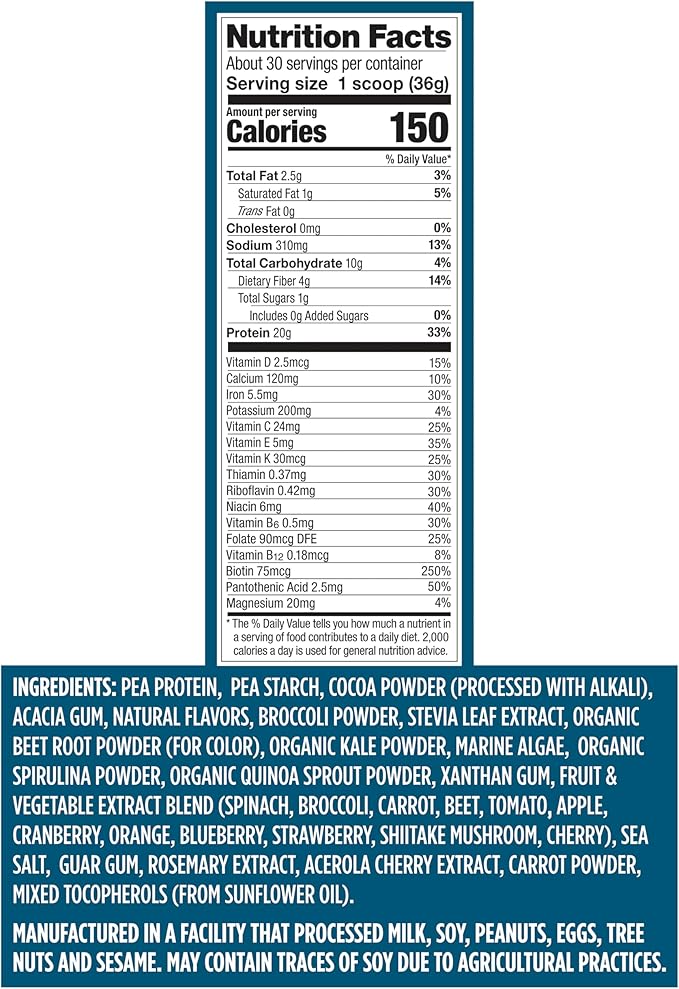 Vega Protein + Nutrition - 20g Plant-Based Pea Protein, Chocolate, 30 Servings, Vegan Keto Superfood, Antioxidant-Rich, Gluten Free, Dairy Free, Low Carb, 2.4lbs (Packaging May Vary)