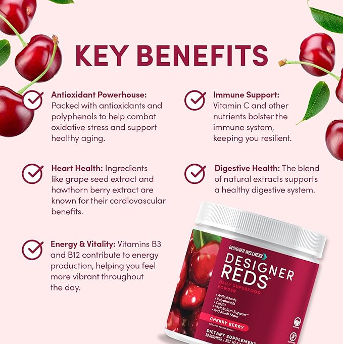 Designer Wellness, Designer Reds, Daily Superfood Powder with Beet Root, Support for Energy, Stress, Immune Health, Heart Health, and Digestive Health, Cherry Berry, 30 Servings