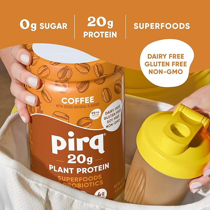 Pirq Dairy Free Protein Powder with 20g Protein, Plant Based, 2B CFU Probiotics, 25 Superfoods Greens and Fruits, Vegan, 0g Sugar (14 Servings)(Coffee)