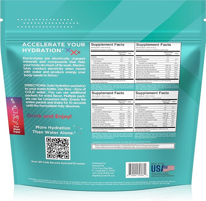 Electrolyte Powder Sugar-Free Hydration Packets Variety Pack HydroMATE 30 Sticks