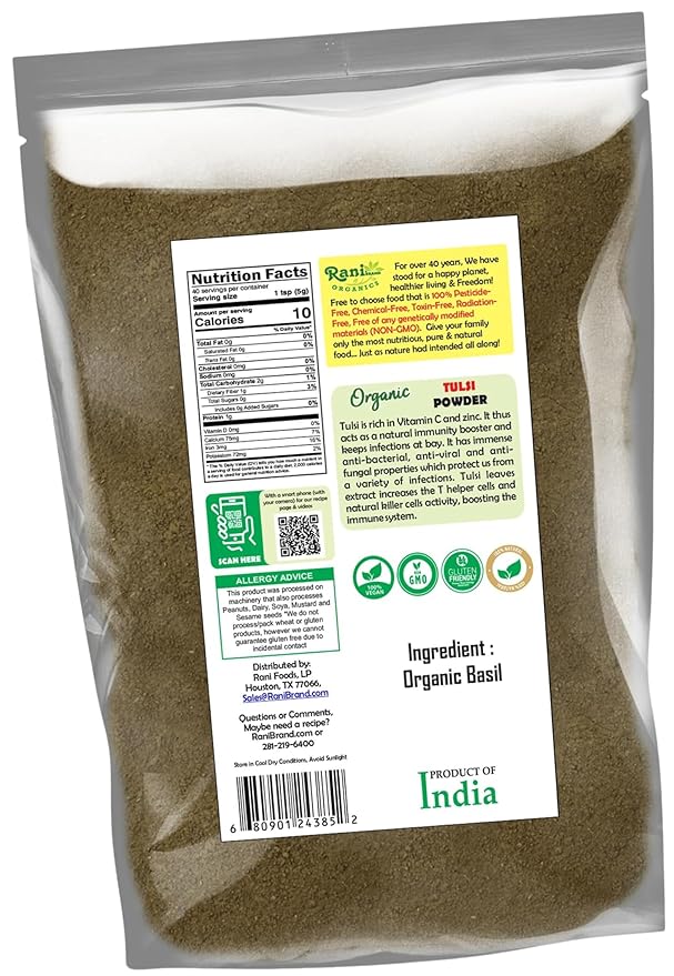 Rani Organic Tulsi Powder (Holi Basil Powder) 7oz (200g) ~ All Natural | No Color | Gluten Friendly | Vegan | NON-GMO | Kosher | No Salt or fillers | Indian Origin | USDA Organic Certified