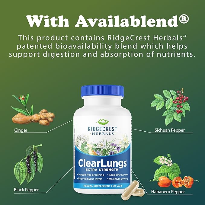 RidgeCrest Herbals ClearLungs Extra Strength, Natural Lung, Nasal Health Formula, Bronchial, Respiratory, Sinus, Mucus Support (60 Caps, 30 Serv)