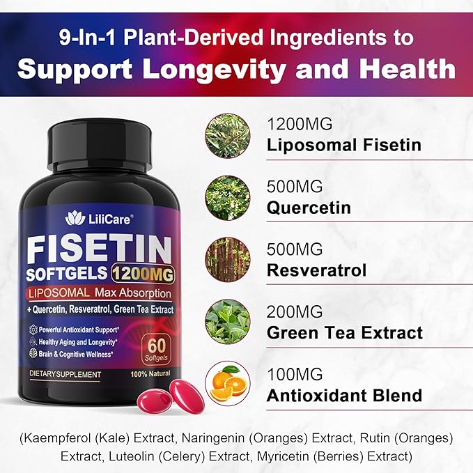 Fisetin Supplement - Liposomal Super Absorption 98% Pure 1200mg with Quercetin, Resveratrol, Green Tea Extract for Healthy Aging & Longevity, Skin Health, Brain & Antioxidant - 60 Softgels