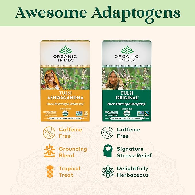 Organic India Tulsi Original Herbal Tea - Holy Basil, Stress Relieving & Energizing, Immune Support, Adaptogen, Vegan, USDA Certified Organic, Non-GMO, Caffeine-Free - 18 Infusion Bags, 1 Pack