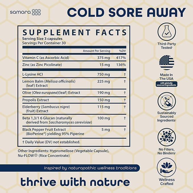 L Lysine Cold Sore Treatment Support, Herbal Cold Sore Supplement w/Zinc Picolinate, Olive Leaf Extract, Beta Glucan, & Bee Propolis for Skin & Lip Health, 90 Capsules