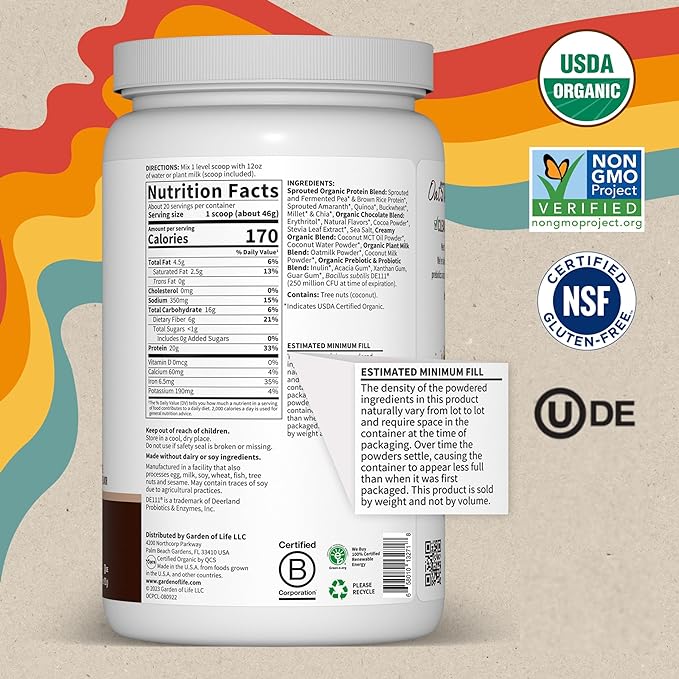 Garden of Life Creamy Organic Vegan Protein Powder + OatMilk, 20g Complete Plant Based Protein, Coconut Water, MCTs, Sprouted Grains, Prebiotics, Probiotics – Gluten-Free, Chocolate Brownie, 2 LBS