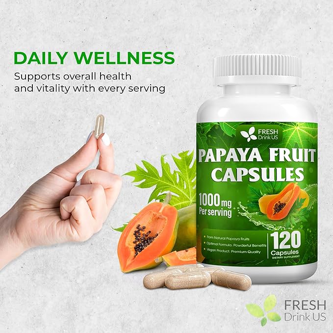 FRESHDRINKUS, 120 Papaya Fruit Extract Capsules| Papain Enzyme| 100% from Natural Papaya Fruit Extract| 500mg per Capsule| 1,000mg per Serving| 60 Days Supply| Vegan Capsulesc Non-GMO, Gluten-Free