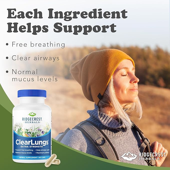 RidgeCrest Herbals ClearLungs Extra Strength, Natural Lung, Nasal Health Formula, Bronchial, Respiratory, Sinus, Mucus Support (60 Caps, 30 Serv)