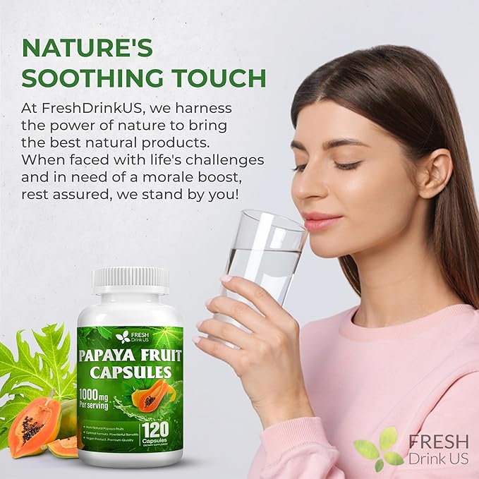 FRESHDRINKUS, 120 Papaya Fruit Extract Capsules| Papain Enzyme| 100% from Natural Papaya Fruit Extract| 500mg per Capsule| 1,000mg per Serving| 60 Days Supply| Vegan Capsulesc Non-GMO, Gluten-Free