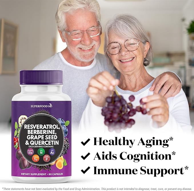 Resveratrol Berberine Grape Seed Extract Quercetin - Polyphenol Supplement with Noni Extract, N-Acetyl Cysteine, Acai Extract - Made in The USA - 120 Capsules