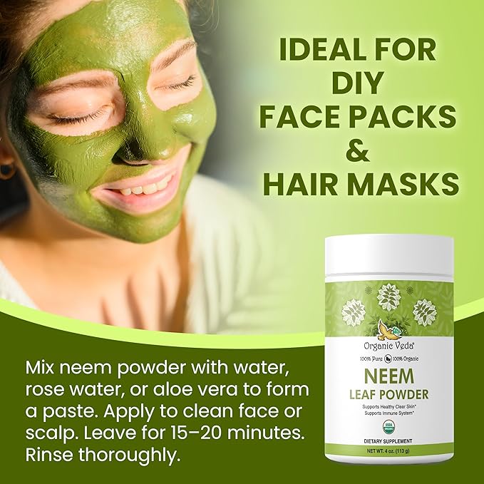 Organic Veda Neem Leaf Powder - Gentle Dried Organic Neem Leaves Powder - Herbal Supplement for Skin, Gut Cleanse & Immune Support - Non-GMO, Gluten-Free, Vegan – 4 oz