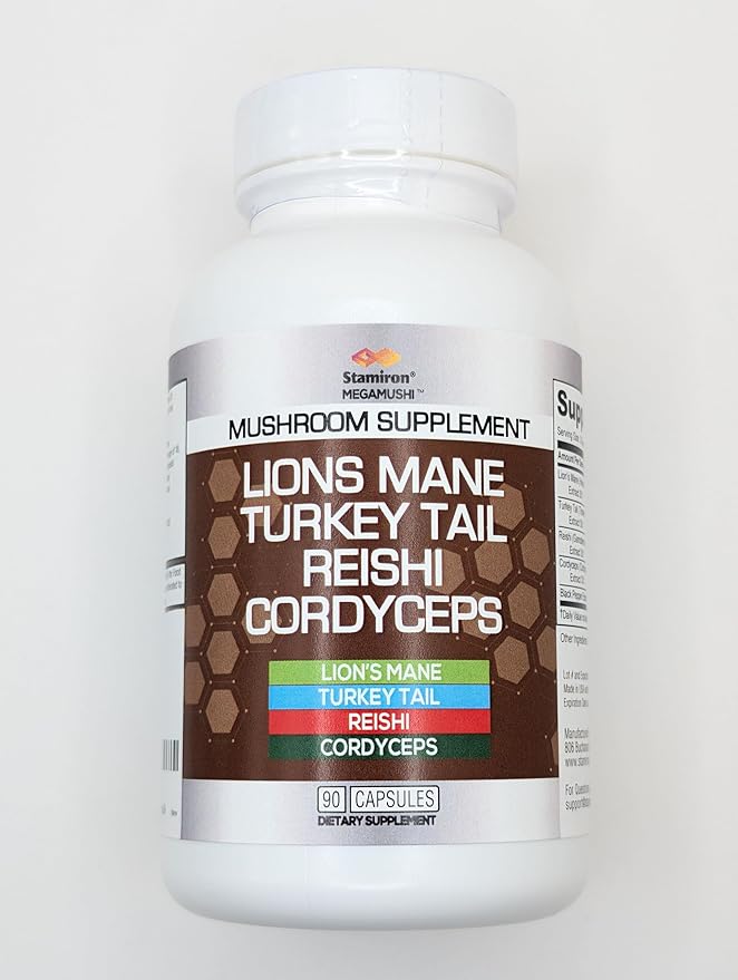 Stamiron Lions Mane Supplement Turkey Tail Mushroom Capsules with Cordyceps Extract & Reishi Mushrooms - Alt to Mushroom Gummies, Mushroom Powder, Mushroom Coffee - 90 Count