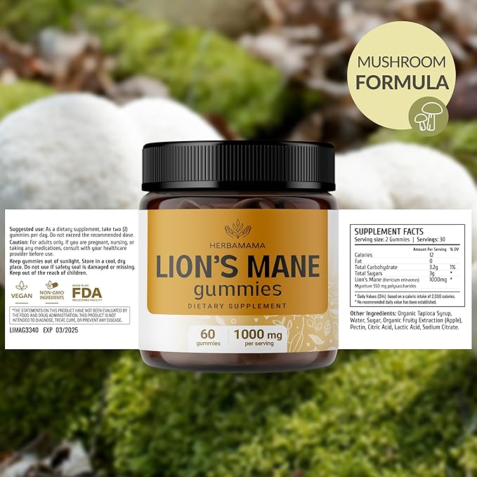 HERBAMAMA Lion's Mane Gummies - 1000mg Lion's Mane Mushroom for Brain Clarity Support - Vegan, Non-GMO Focus Supplement for Adults - 60 Pectin-Based Apple-Flavored Chews