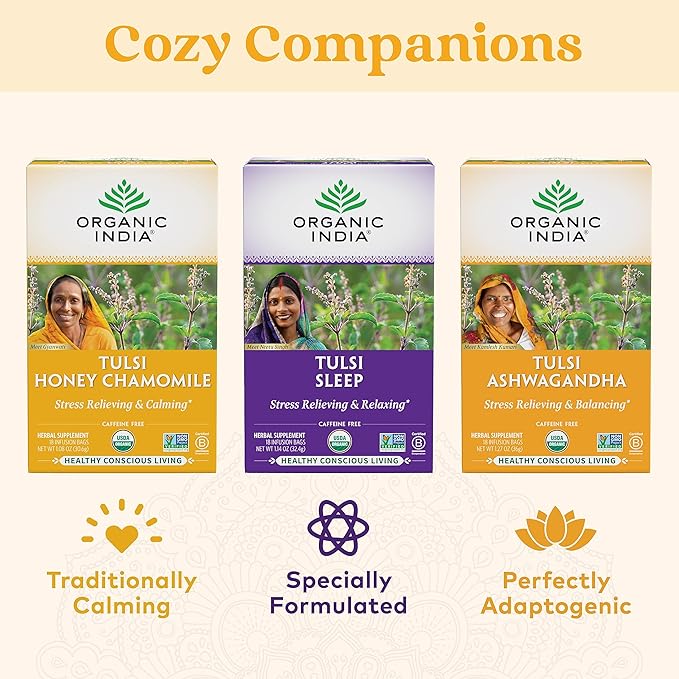 Organic India Tulsi Honey Chamomile Herbal Tea - Holy Basil, Stress Relieving & Calming, Immune Support, Adaptogen, Vegan, USDA Certified Organic, Caffeine-Free - 18 Infusion Bags, 1 Pack