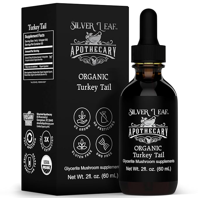 Silverleaf Apothecary Organic Triple-Extracted Turkey Tail Tincture Mushroom Supplement for Immune Support, Gastrointestinal & Gut Microbiome Wellness - 2 Fl Oz (60ml)