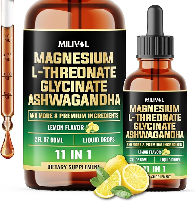 10in1 Magnesium L-Threonate Liquid Drops with Magnesium Glycinate, Ashwagandha, Vitamin D3, C, B6 & 4 Other Ingredients - 2 Fl Oz - Lemon Flavor