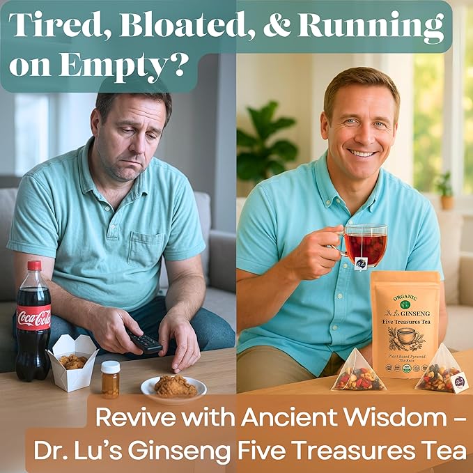 Dr. Lu’s Organic Ginseng Five Treasures Tea Kidney Tea | Ginseng Six Treasures tea for Kidney Cleanse Detox & Repair with Maca Root in Corn Fiber Pyramid Bags (No Plastic/Nylon) | Made in US