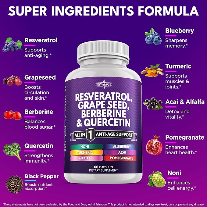 NEW AGE Resveratrol, Berberine, Grape Seed Extract, Quercetin - Polyphenol Supplement for Women and Men with Noni Extract, N-Acetyl Cysteine, Acai Extract - 60 Capsules