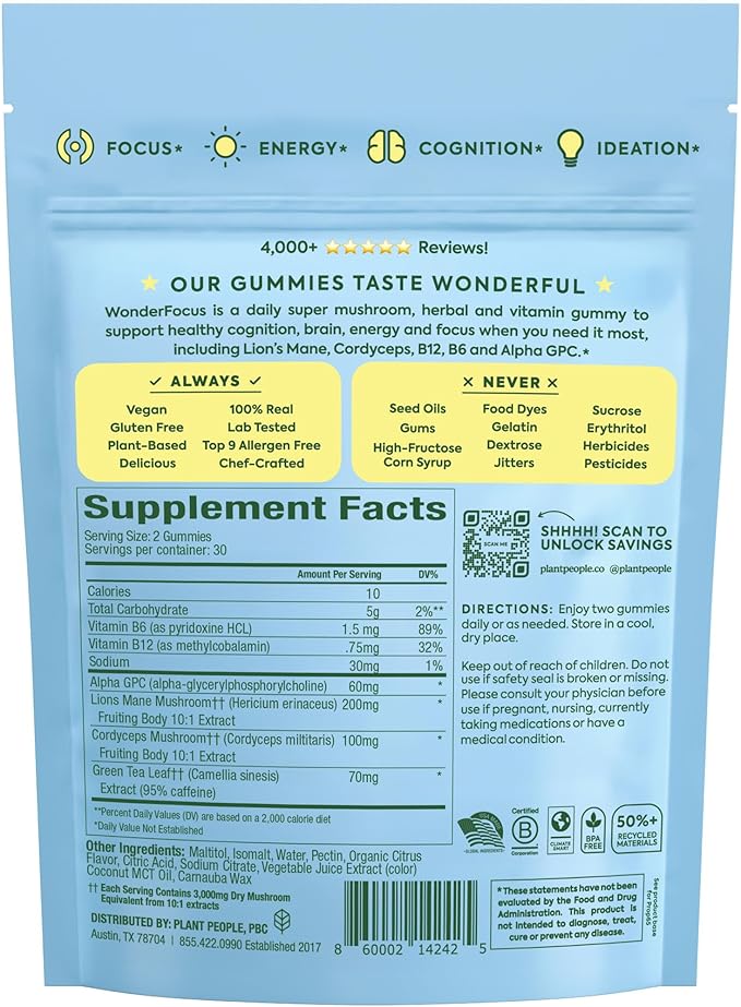 Plant People WonderFocus Mushroom Gummies with Lion’s Mane & Cordyceps - Nootropic Brain Supplement Boosts Memory, Focus, Energy & Mood in Adults | No Sugar, 100% Vegan, Citrus Flavor, 60 Count