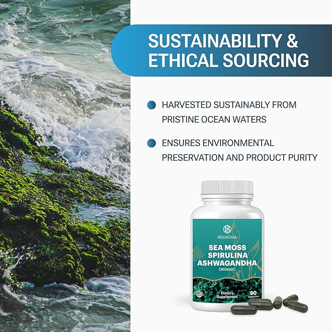 Sea Moss with Spirulina and Ashwagandha Blend Capsules, Mood, Immune Support & Stress Relief, Micro Ingredients & Antioxidants Source — Non-GMO, Vegan Superfood Supplement, 90 Count