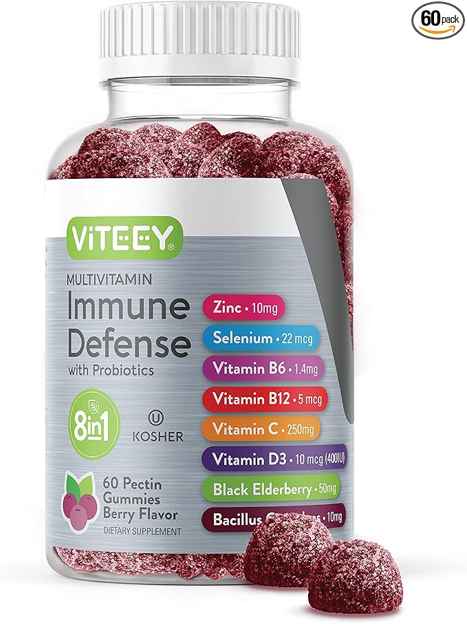 Viteey Multivitamin Gummies 8 in 1 Immune Support Supplement with Probiotics - Immune Boosters for Adults & Teens - Vegetarian, Gelatin Free, GMO Free - Chewable Berry Flavored Pectin Immune Defense