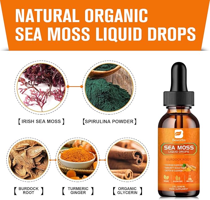 Sea Moss Liquid Drops - Organic Irish Sea Moss Raw Gel with Burdock Root, Tumeric, Spirulina, Seaweed Moss Gel Supplement for Gut Health & Antioxidant Supports - 2 Fl Oz