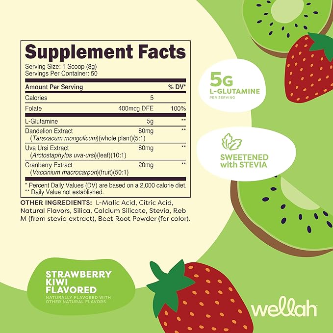 Wellah L-Glutamine Powder Strawberry Kiwi (50 Servings) - 5g L-Glutamine Per Serving, Sweetened with Stevia