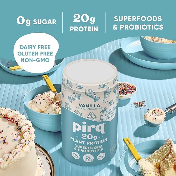 Pirq Dairy Free Protein Powder with 20g Protein, 2B CFU Probiotics, 25 Superfoods Greens and Fruits, Vegan, 0g Sugar (14 Servings) (Vanilla)