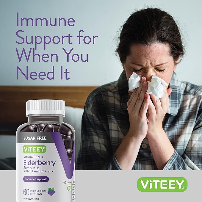 VITEEY Sambucus Elderberry Gummies for Adults & Teens + Zinc & Vitamin C - Sugar Free - Immune Support & Booster Herbal Supplement - Vegan, Gluten Free, Gelatin Free, GMO Free, Chewable Berry Flavored