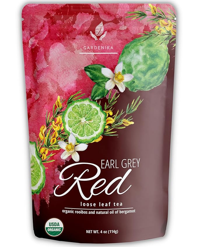 Gardenika Organic Red Rooibos Loose Leaf Tea with Bergamot Oil, Herbal, Caffeine-Free, KSA Kosher, No Natural or Artificial Flavors - 4 oz (1 Pack)