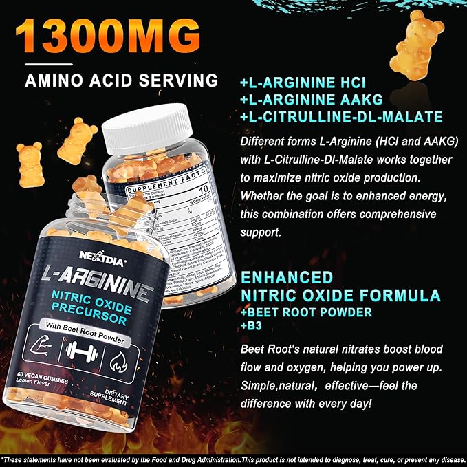 Sugar Free L Arginine Nitric Oxide Gummies 1300mg for Men & Women with L Citrulline, Beet Root, B3 | L Arginine L Citrulline Supplements | Vegan, 120 Counts