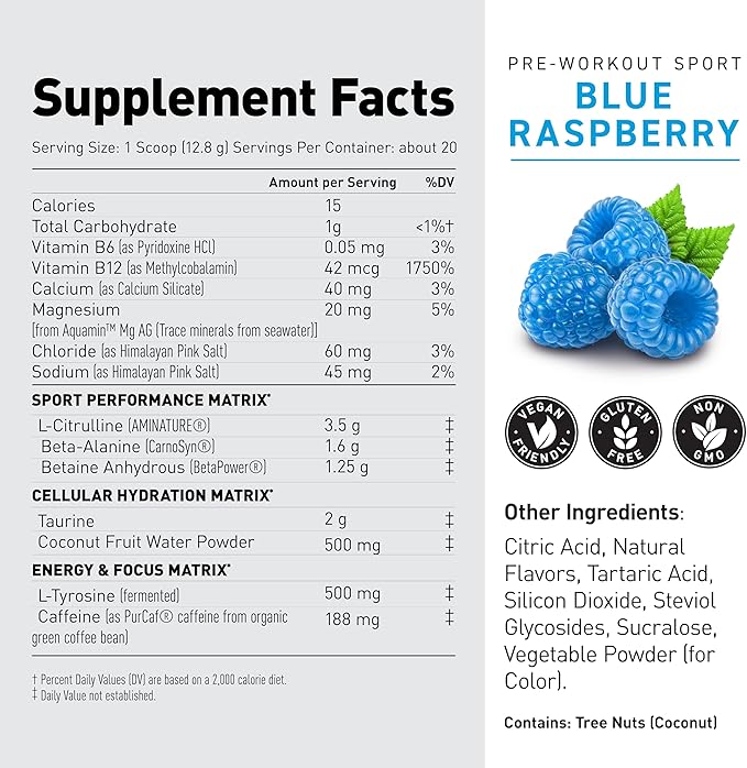 Kaged Sport Pre Workout Powder for Men & Women, Blue Razz, Sport Certified, 188mg Caffeine, Nitric Oxide Supplement, Beta Alanine for Energy, Weightlifting, Cardio Endurance & Strength, 20 Servings