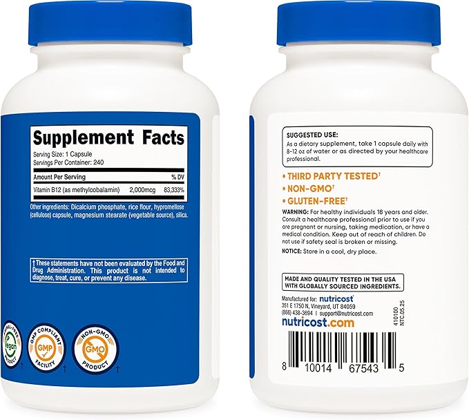 Nutricost Vitamin B12 (Methylcobalamin) 2000mcg, 240 Capsules - Vegetarian Caps, Non-GMO, Gluten Free B12 Supplement