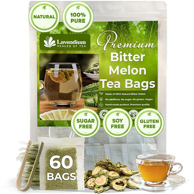 Lavendium, Premium 60 Tea Bags Bitter Melon Fruit Herbal Tea, 100% Natural and Pure, Hand-made, Made With Natural Materials-Corn Fiber Tea Bag, Sugar Free. Caffeine Free. Gluten Free. Vegan