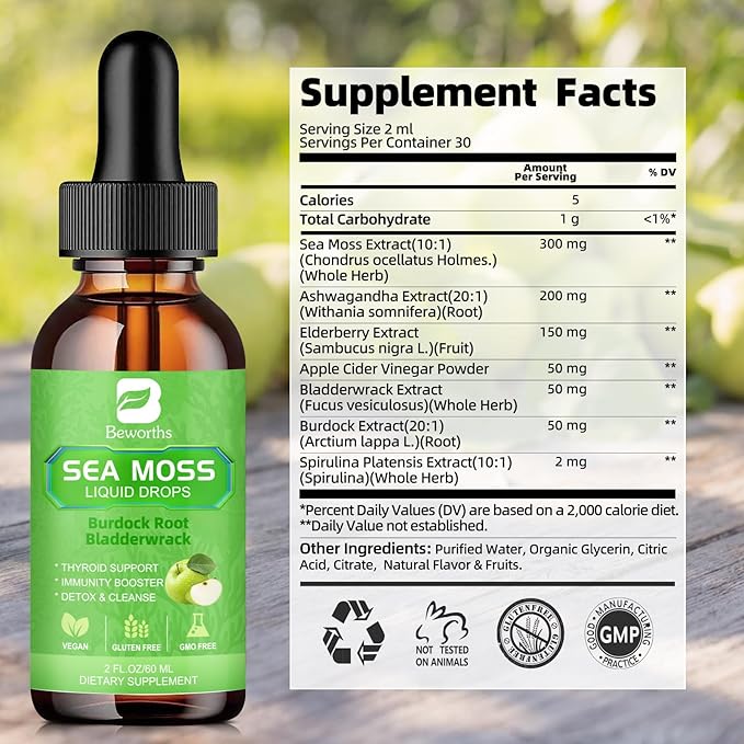 Sea Moss Liquid Drops - Organic Irish Sea Moss Gel with Burdock Root, ACV, Vitamin C, B12, Seamoss Gel Supplement for Boost Defense System, Detox Cleanse & Digestive Support - 2 Fl Oz
