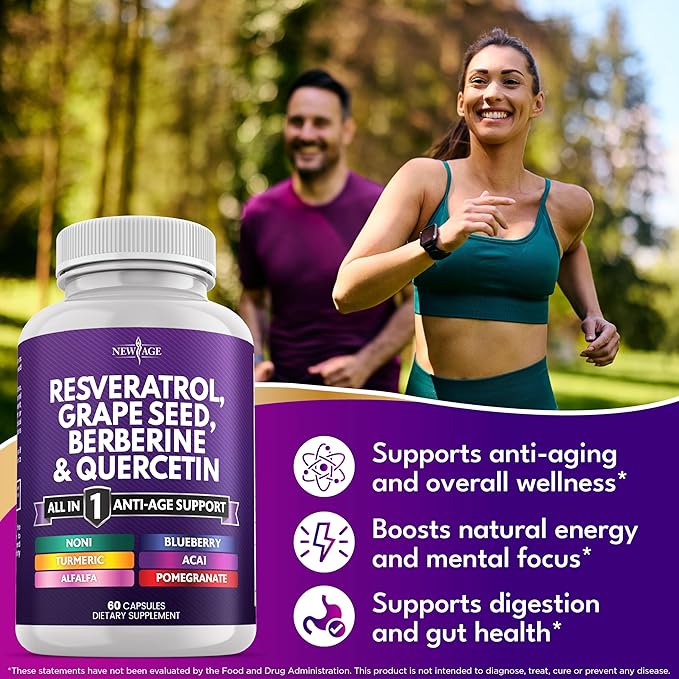 NEW AGE Resveratrol, Berberine, Grape Seed Extract, Quercetin - Polyphenol Supplement for Women and Men with Noni Extract, N-Acetyl Cysteine, Acai Extract - 60 Capsules