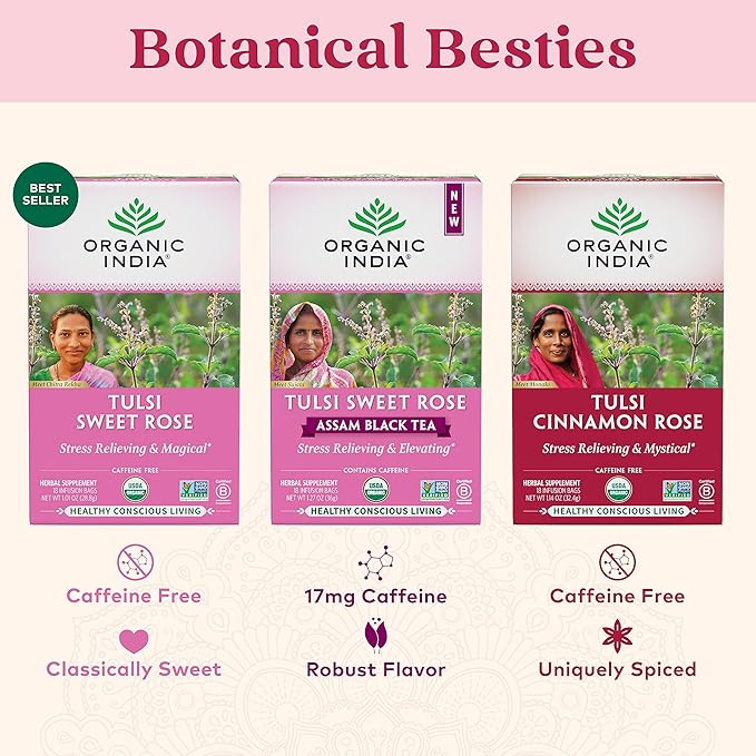 Organic India Tulsi Cinnamon Rose Herbal Tea - Stress Relieving & Mystical, Immune Support, Gluten-Free, USDA Certified Organic, Supports Sugar Metabolism, Caffeine-Free - 18 Infusion Bags, 1 Pack