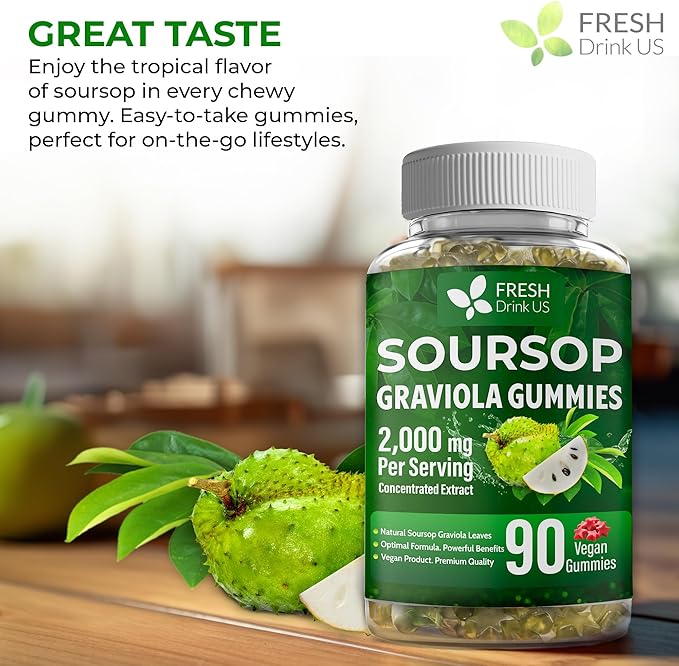 FRESHDRINKUS, Premium 90 Soursop Graviola Gummies, 2000mg per Serving, 45 Days Supply – 100% from Natural Soursop Graviola Leaves Extract, Vegan, Non-GMO, Gluten-Free (90 Gummies)
