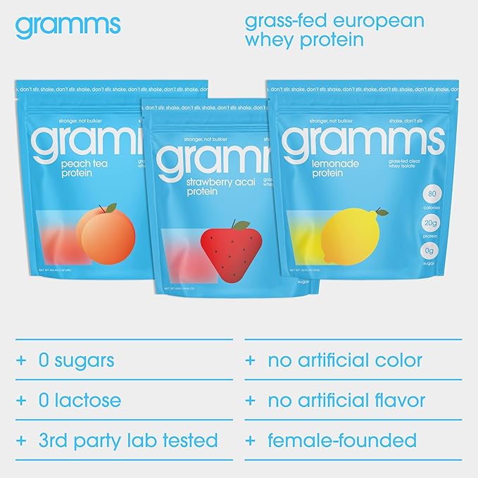 GRAMMS Clear Protein Powder, Lemonade | 20g Protein Grass-Fed Whey Isolate, Zero Sugar, Zero Lactose, Non-Bloating, Non-GMO, Protein for Women (18 Servings)