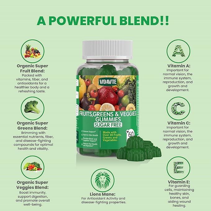Sugar-Free Fruit and Veggie Gummies — 35+ Greens, Fruit and Vegetable Vitamins to Boost Immunity, Skin & Gut Health — Ideal Fruity Vegetable Supplement for Adults & Kids (60 Gummies)
