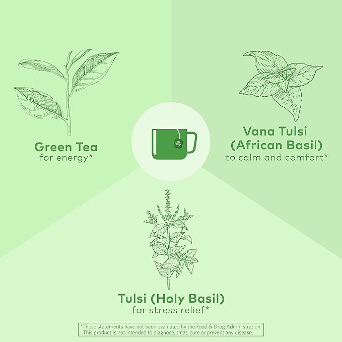 Organic India Tulsi Green Herbal Tea - Holy Basil, Stress Relieving & Empowering, Immune Support, Vegan, USDA Certified Organic, Premium Darjeeling Green Tea, Caffeinated - 18 Infusion Bags, 1 Pack