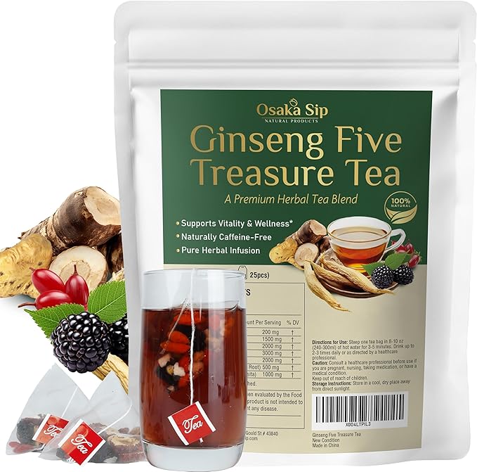 Ginseng Five Treasures Tea Bags - Men Women Kidney Health Chinese Herbal Formula for Natural Detox Cleanse - 7 Cleansing Treasure with Goji Berry Mulberry Wolfberry (25 Bags)