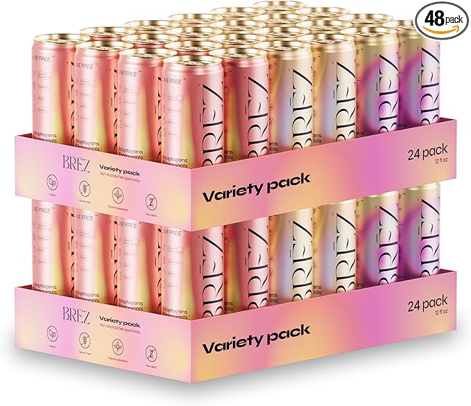 BRĒZ Mushroom Drink Variety Pack - Flow, Dream & Elevate - Lion’s Mane, Reishi, Cordyceps Mushrooms, Non-Infused, Adaptogen Tonics for Focus, Sleep, Mood & Energy, Vegan, 12 fl oz Cans (48 Pack)