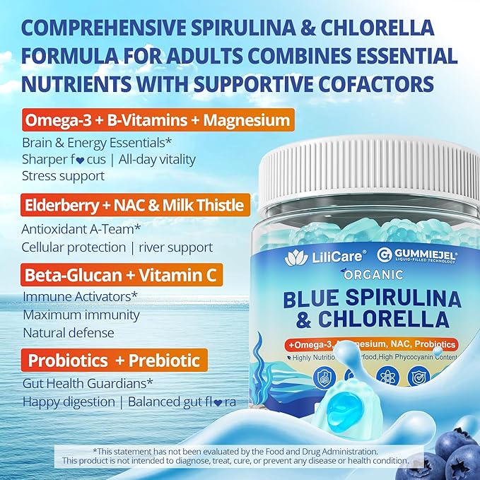 Organic Blue Spirulina Chlorella Gummies, Super Greens & Superfoods, Excellent Source of Vegan Protein, Chlorophyll, B-Complex, Essential Minerals for Energy, Antioxidants, Det❤x, Sugar Free, 60 Cts