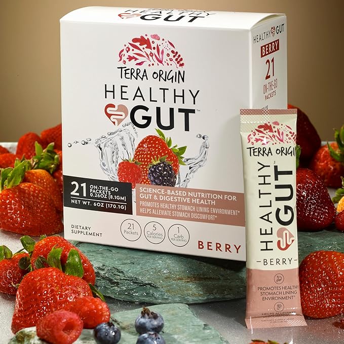 TERRA ORIGIN Healthy Gut Stick Packs, L-Glutamine, Slippery Elm, Aloe Vera, Licorice Root Extract, Gut Health, Digestive Support, Leaky Gut Repair, Immune Function, On-The-Go, 21 Ct, Berry